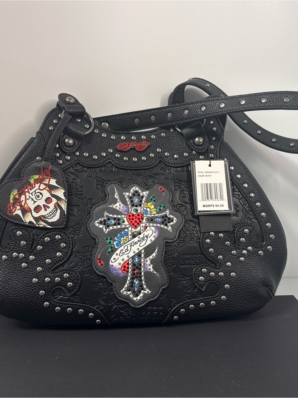 Ed Hardy Black Studded Shoulder Bag with Multicolor Jeweled Cross